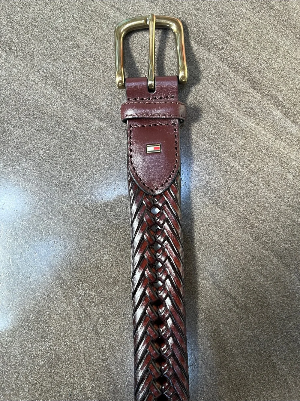 Tommy Hilfiger Braided Leather Belt - Burgundy with Gold-Tone Buckle